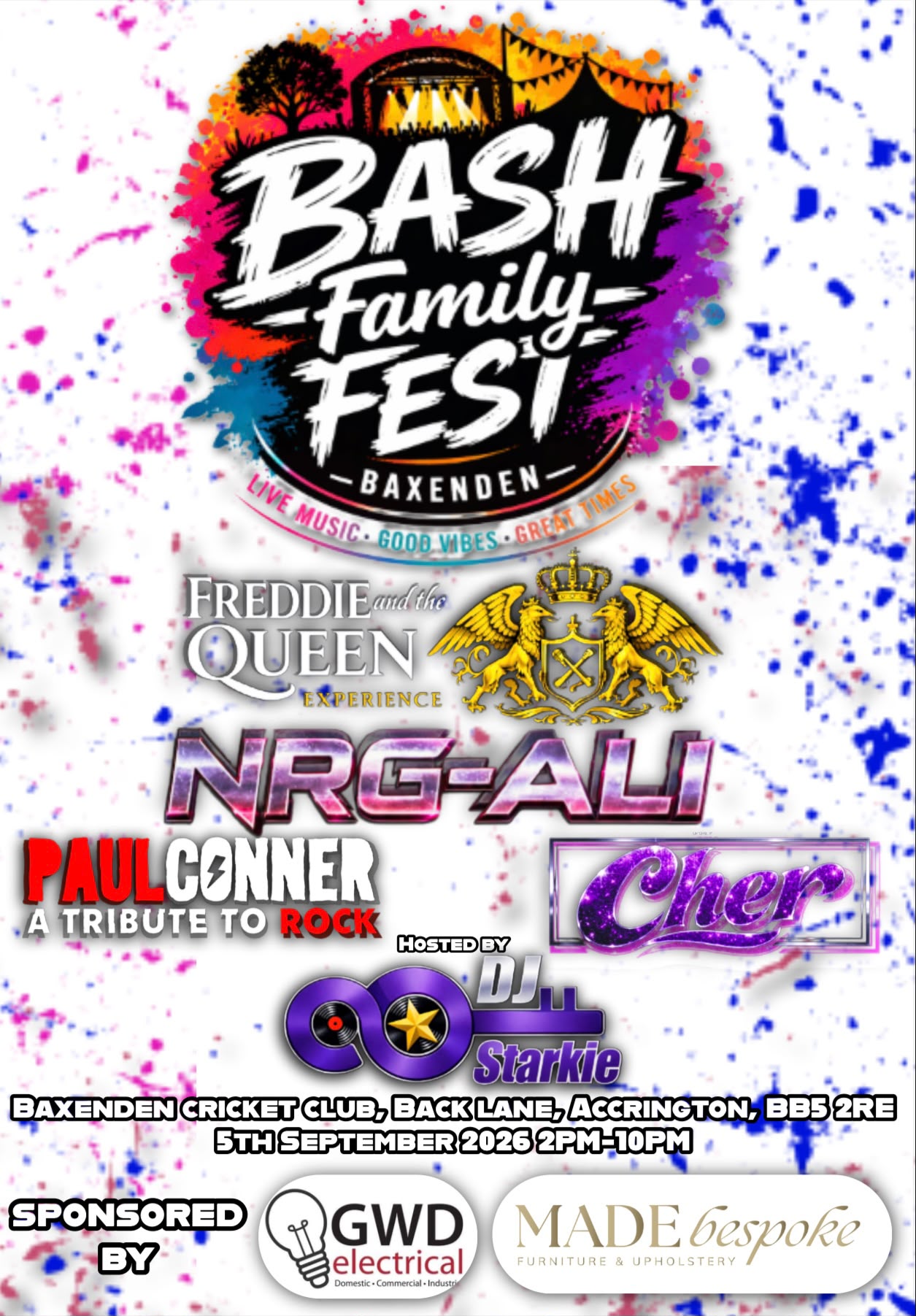 Official Bash Family Fest 2026 lineup poster featuring Freddie and the Queen Experience, NRG-ALI, Paul Conner, Cher tribute and DJ Starkie